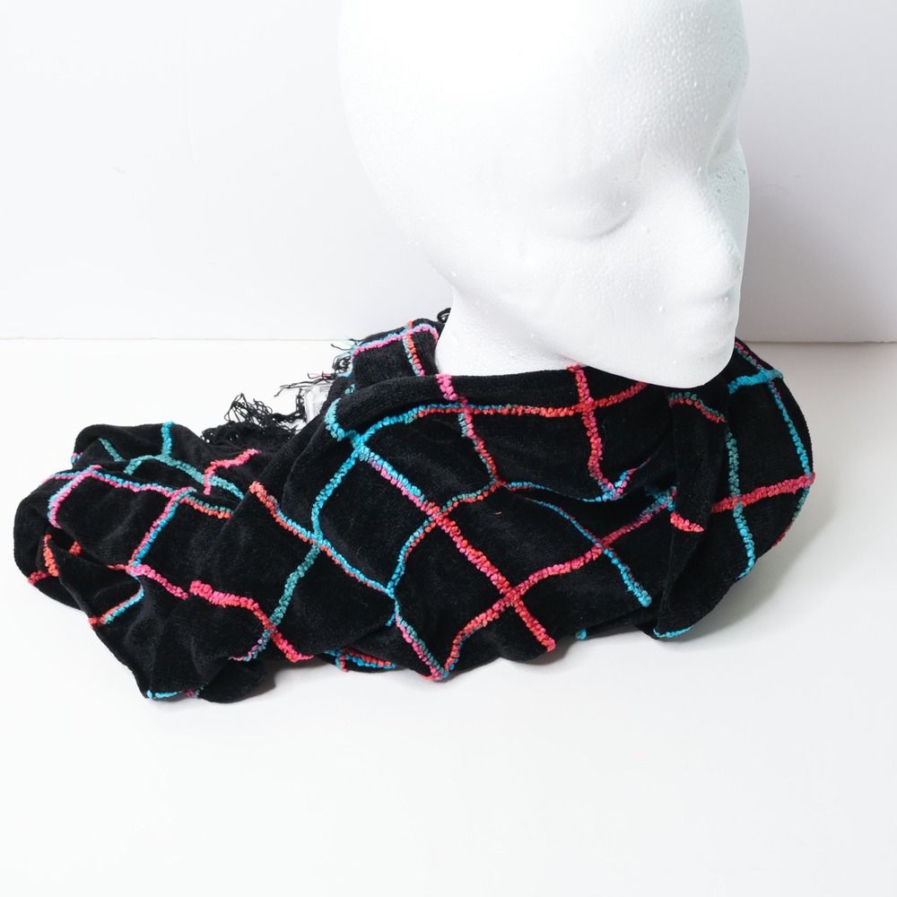 Vintage Black Velvet Scarf Neon‎ Pink Blue Grid Pattern Chenille Fringe Trim